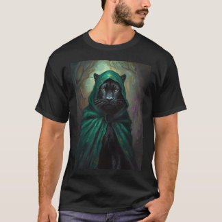 Svart panter i grön mantel och skog t shirt