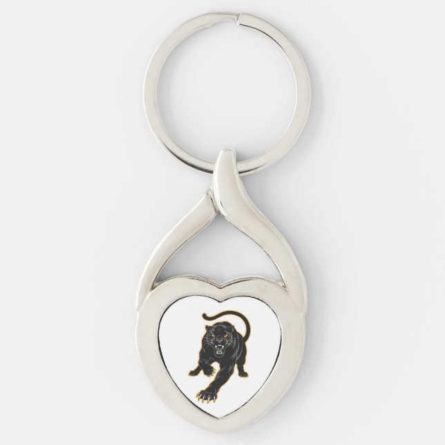 Svart panter kattdesign stilfull twisted heart silverfärgad nyckelring (Framsidan)