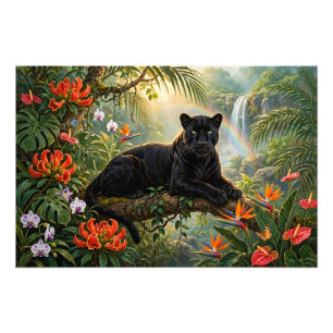 Svart panter Kenya Djungelblommor Vattenfall Fototryck