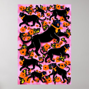 Svart Panter Pop Art Print Maximalist Rosa Blommig Poster
