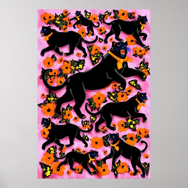 Svart Panter Pop Art Print Maximalist Rosa Blommig Poster (Framsidan)