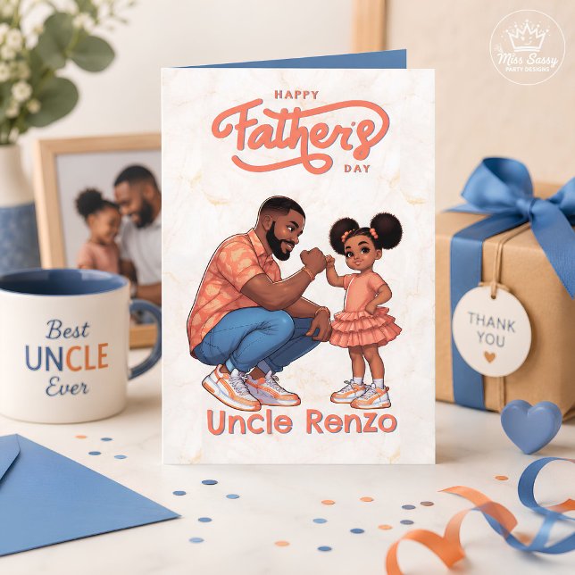 Svart pappa och dotter knytnäve Orange & Blå Kort (Personalized Uncle Father’s Day card featuring a Black uncle and little girl fist bump illustration.)