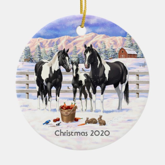 Svart päronhästar i kvartsparter i Snö Julgransprydnad Keramik (Framsidan)