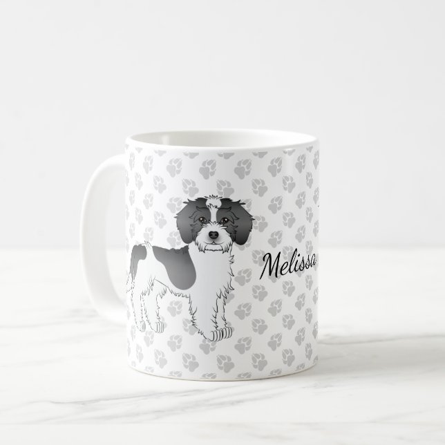 Svart Parti-färgad Mini Goldendoodle Hund & Namn Kaffemugg (Framsida vänster)