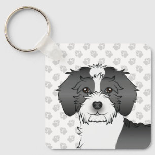 Svart Parti-färgad Mini Goldendoodle Hund & Namn Nyckelring