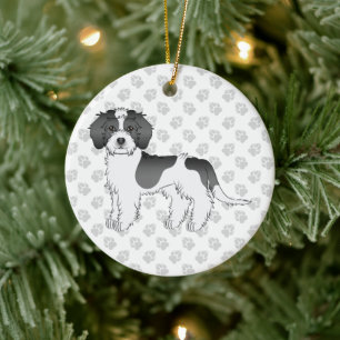 Svart Parti-färgad Mini Goldendoodle Hund & Text Julgransprydnad Keramik