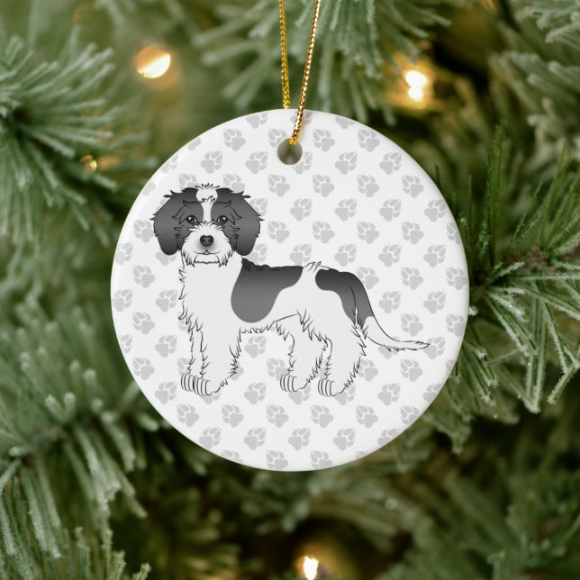 Svart Parti-färgad Mini Goldendoodle Hund & Text Julgransprydnad Keramik (Träd)