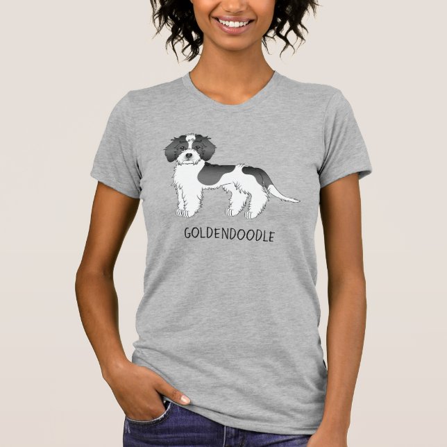 Svart Parti-färgad Mini Goldendoodle Hund & Text T Shirt (Framsida)