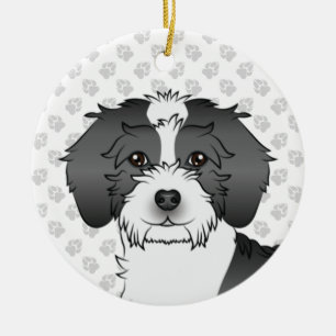 Svart Parti-färgad Mini Goldendoodle Hundhuvud Julgransprydnad Keramik