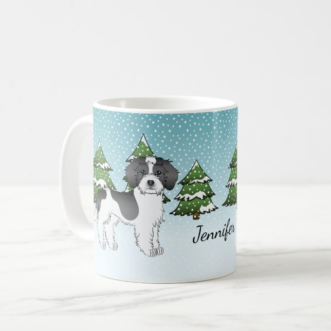 Svart Parti-färgad Mini Goldendoodle Vinter Skog Kaffemugg (Framsida vänster)