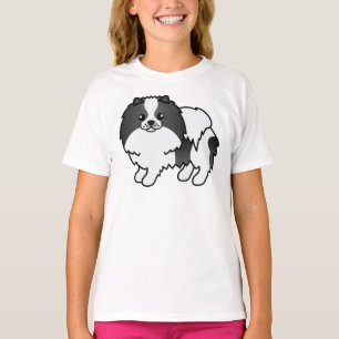 Svart Parti-Färgad Pomeranian Söt Tecknad Hund T Shirt