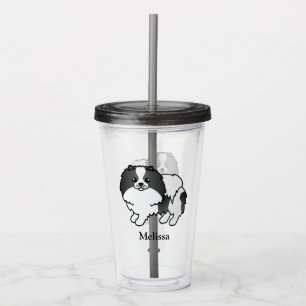 Svart Parti-Färgad Pomeranian Tecknad Hund & Namn Take Away Mugg