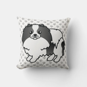 Svart Parti-Färgad Pomeranian Tecknad Hund & Tassa Kudde