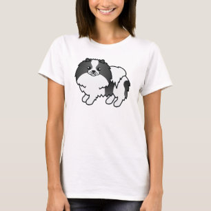 Svart Parti-Färgad Söt Tecknad Pomeranian Hund Tee Shirt