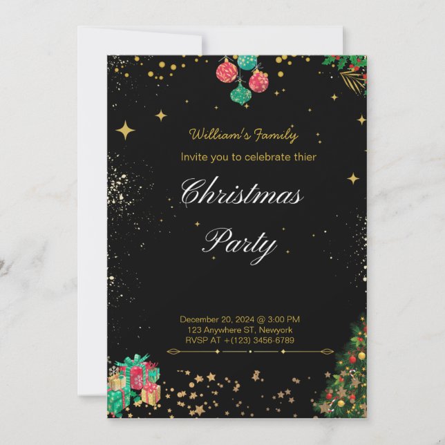 Svart Party och Guld i full jul Inbjudningar (Framsida)