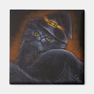 Svart perserkatt med häxahatten - magnet