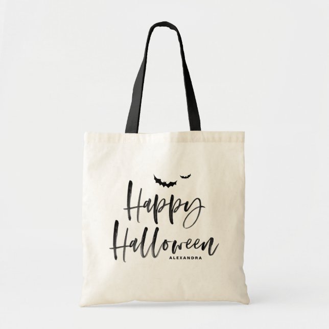 Svart Personlig för penselbrev Happy halloween Tygkasse (Framsidan)