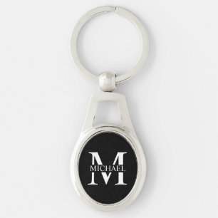 Svart Personlig Monogram och Namn Ovalt Silverfärgad Nyckelring