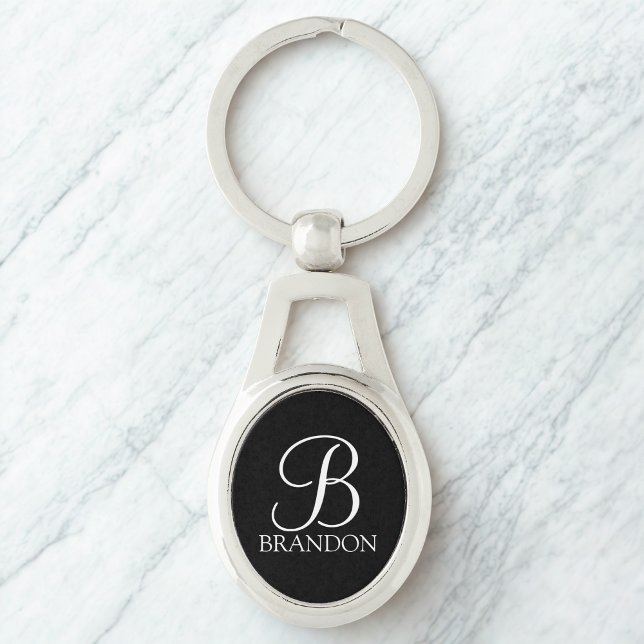 Svart Personlig, Monogram och Namn Ovalt Silverfärgad Nyckelring (Skapare uppladdad)