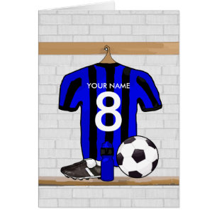 Svart personlig och blåttfotbollfotboll Jersey Hälsningskort