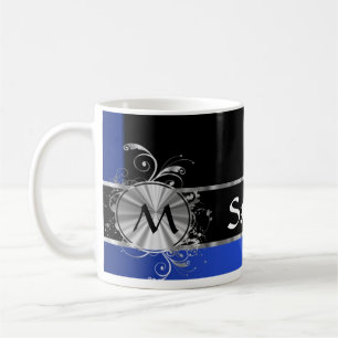 Svart personligblått och silvermonogram kaffemugg