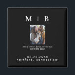 Svart pet Photo Monogram Svart Spara datum Bröllop Magnet<br><div class="desc">Enkel och elegant svart med svart Monogram Spara datumet. Bröllop. Förnamn och Efternamn. Ett par med husfoto. Husdjur som ingår i inbjudan. Magnet.</div>