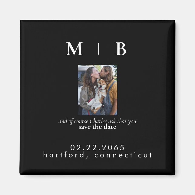 Svart pet Photo Monogram Svart Spara datum Bröllop Magnet (Framsidan)