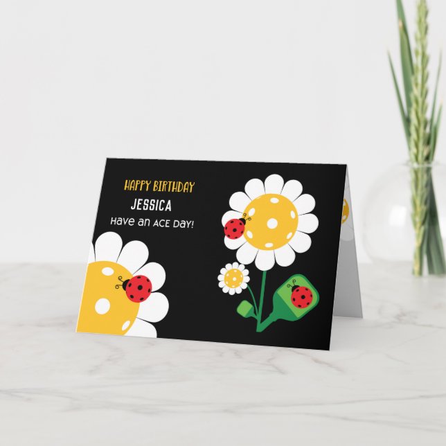 Svart Pickleball Grattis på födelsedagen-Anpassade Kort (Framsida)