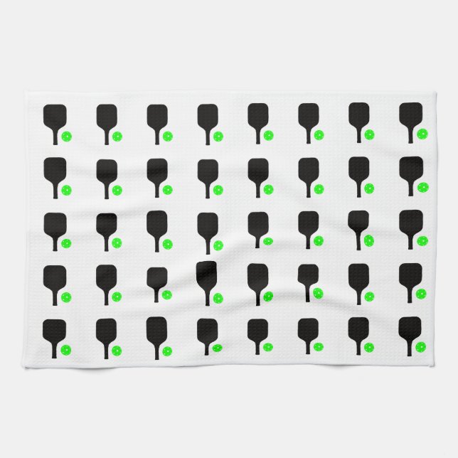 Svart pickleball paddle & grönt bollar kökshandduk (Horisontell)