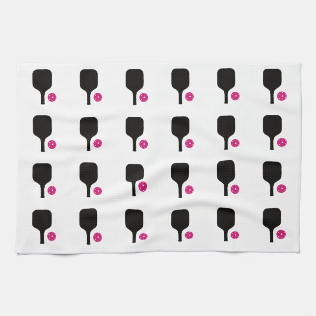Svart pickleball & rosa bollar towel kökshandduk (Horisontell)