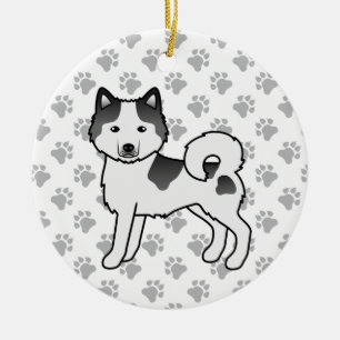 Svart Piebald Alaskan Malamute Söt Tecknad Hund Julgransprydnad Keramik