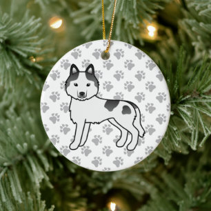Svart Piebald Siberian Husky Söt Tecknad Hund Julgransprydnad Keramik