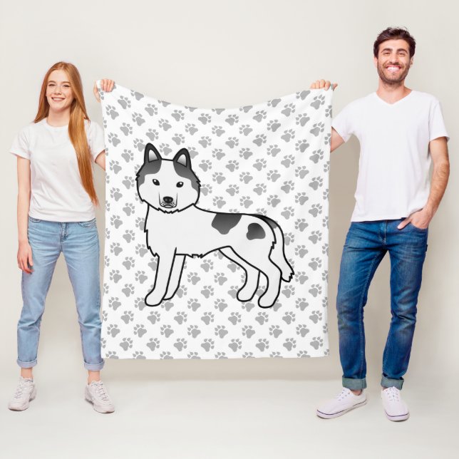 Svart Piebald Siberian Husky Tecknad Hund & Tassar Fleecefilt (På plats)