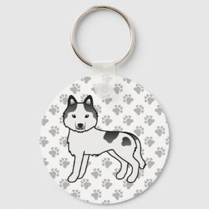 Svart Piebald Siberian Husky Tecknad Hund & Tassar Nyckelring