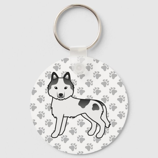 Svart Piebald Siberian Husky Tecknad Hund & Tassar Nyckelring (Framsida)