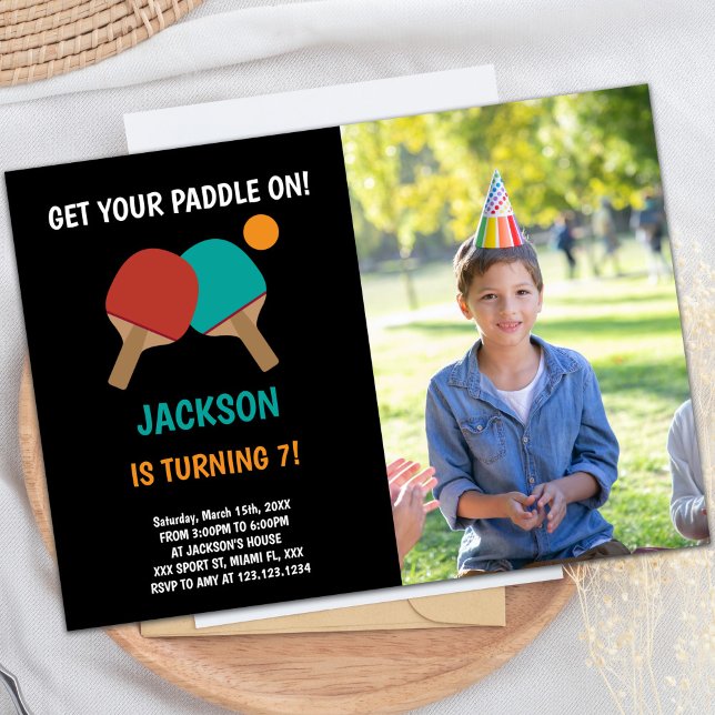 Svart Ping Pong Birthday-inbjudan med foto Inbjudningar (Black Ping pong Birthday Invitations with photo)
