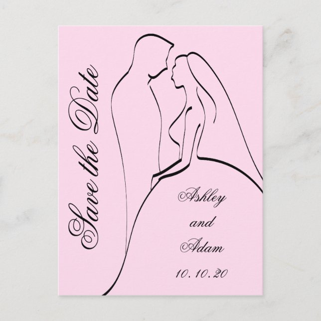 Svart Pink Brud och Brudgum Spara Datum Meddelande Vykort (Framsida)