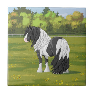 Svart Pinto Piebald Gypsy Vanner Draft Hors Kakelplatta