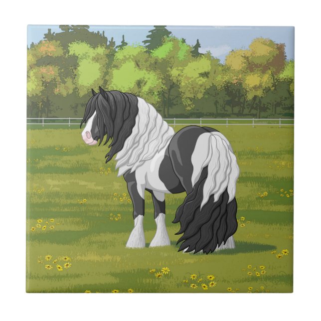 Svart Pinto Piebald Gypsy Vanner Draft Hors Kakelplatta (Framsidan)