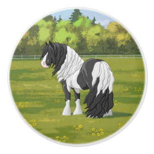 Svart Pinto Piebald Gypsy Vanner Draft Hors Knopp
