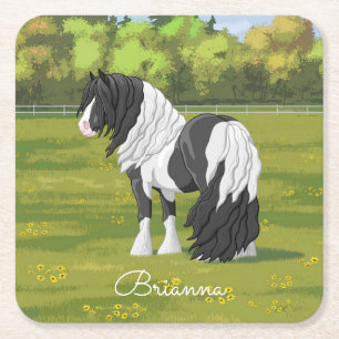 Svart Pinto Piebald Gypsy Vanner Draft Hors Underlägg Papper Kvadrat