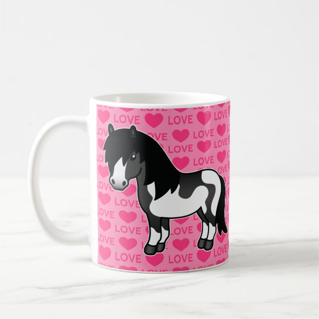 Svart Pinto Shetlandsponny På Rosa Kärleksmönster Kaffemugg (Vänster)