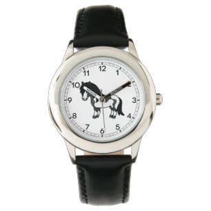 Svart Pinto Shetlandsponny Tecknad Illustration Armbandsur