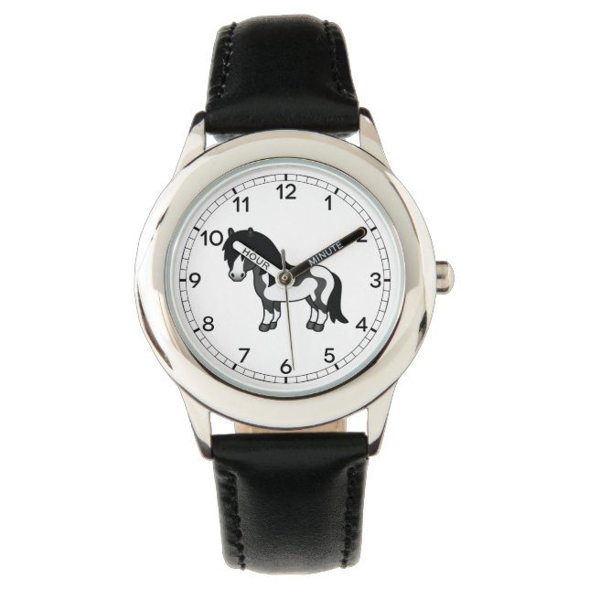 Svart Pinto Shetlandsponny Tecknad Illustration Armbandsur (Framsida)
