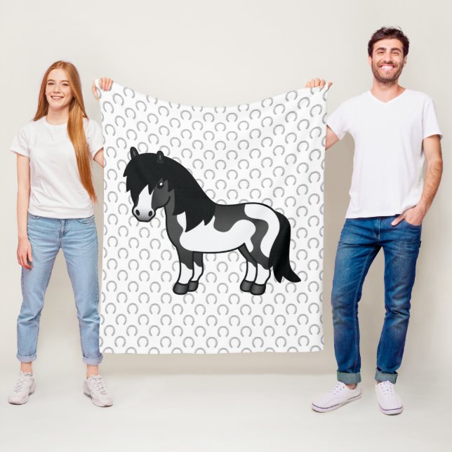 Svart Pinto Shetlandsponny Tecknad Illustration Fleecefilt (På plats)