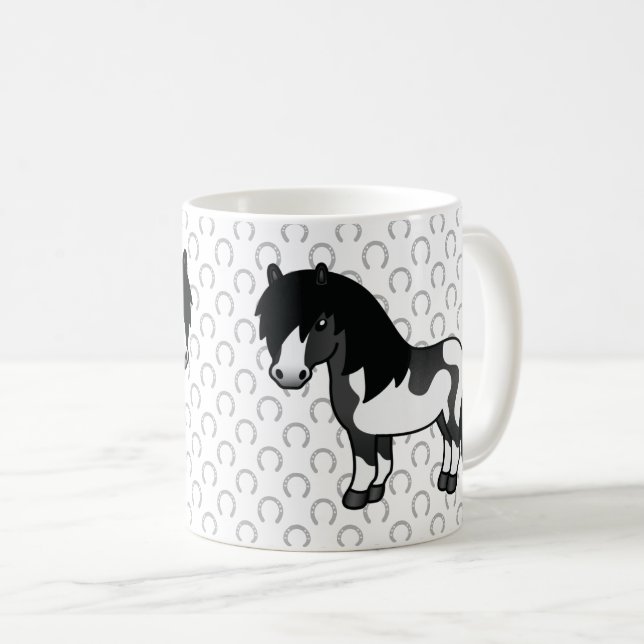 Svart Pinto Shetlandsponny Tecknad Illustration Kaffemugg (Framsida höger)