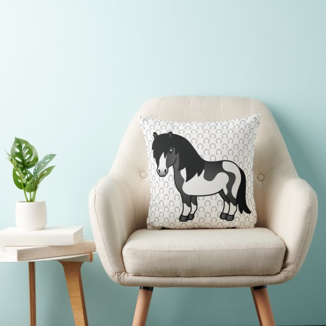Svart Pinto Shetlandsponny Tecknad Illustration Kudde (Stol)