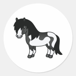 Svart Pinto Shetlandsponny Tecknad Illustration Runt Klistermärke