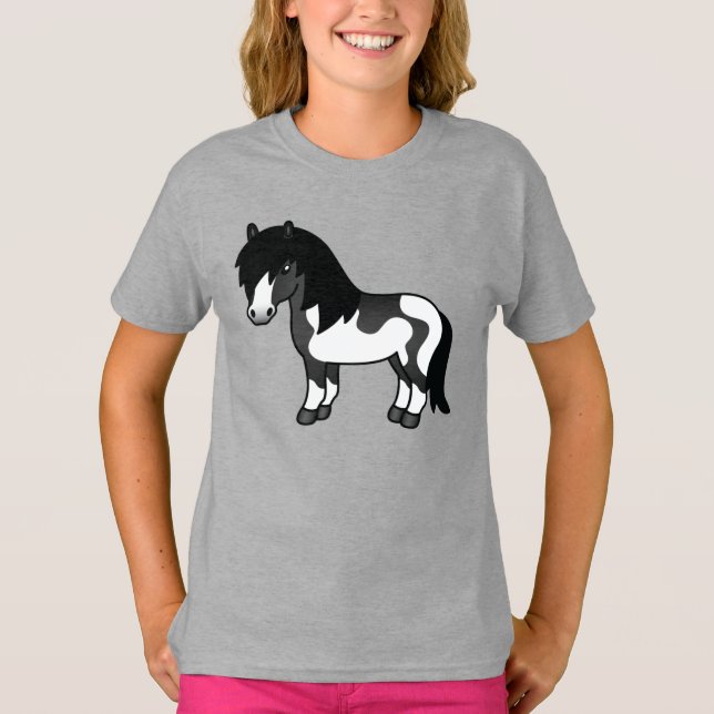 Svart Pinto Shetlandsponny Tecknad Illustration T Shirt (Framsida)