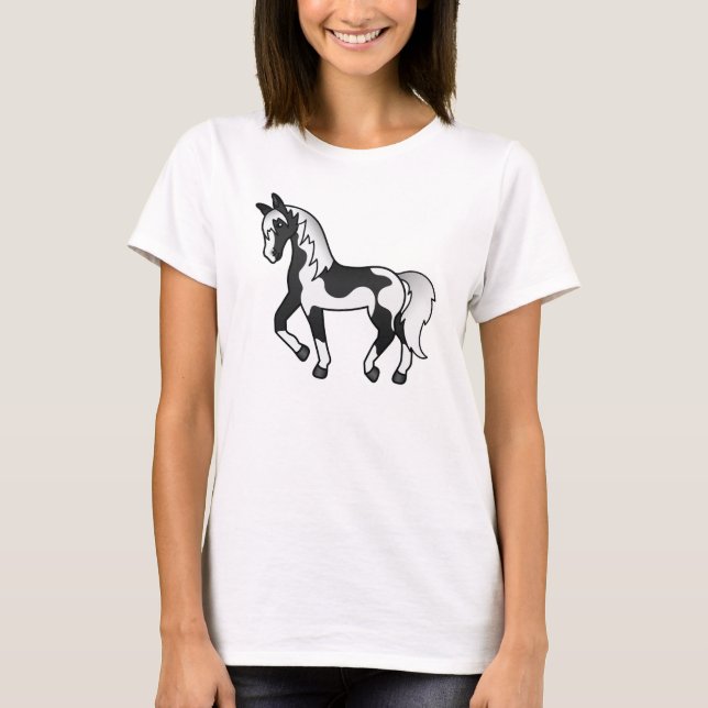 Svart Pinto Travande Tecknad Hästillustration Tee Shirt (Framsida)